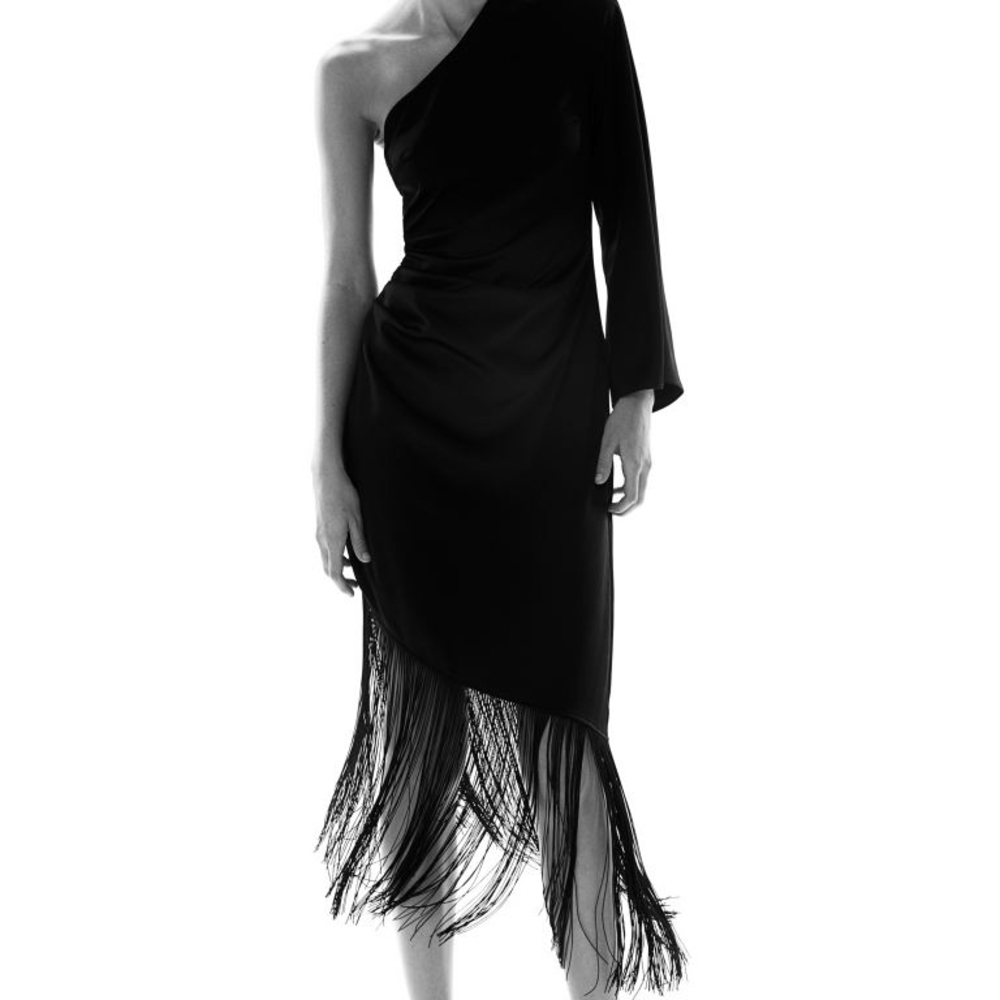 NWT Black One-Shoulder Dress w/Fringe